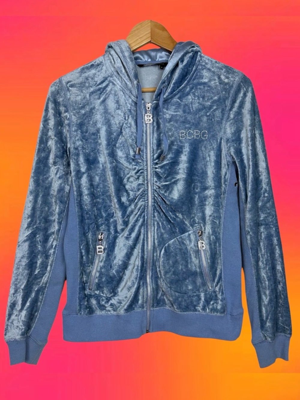 Vintage 90s Y2K BCBGMaxazria Rhinestone Velour Zip Up Hooded Track Jacket Blue